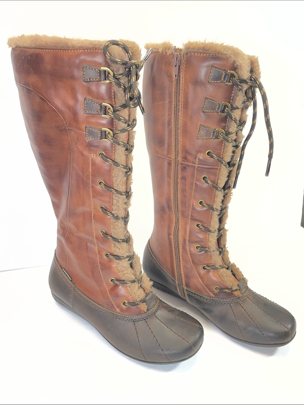 PIKOLINOS Brown Leather Tall Lace-Up Winter Boots with Faux Fur
